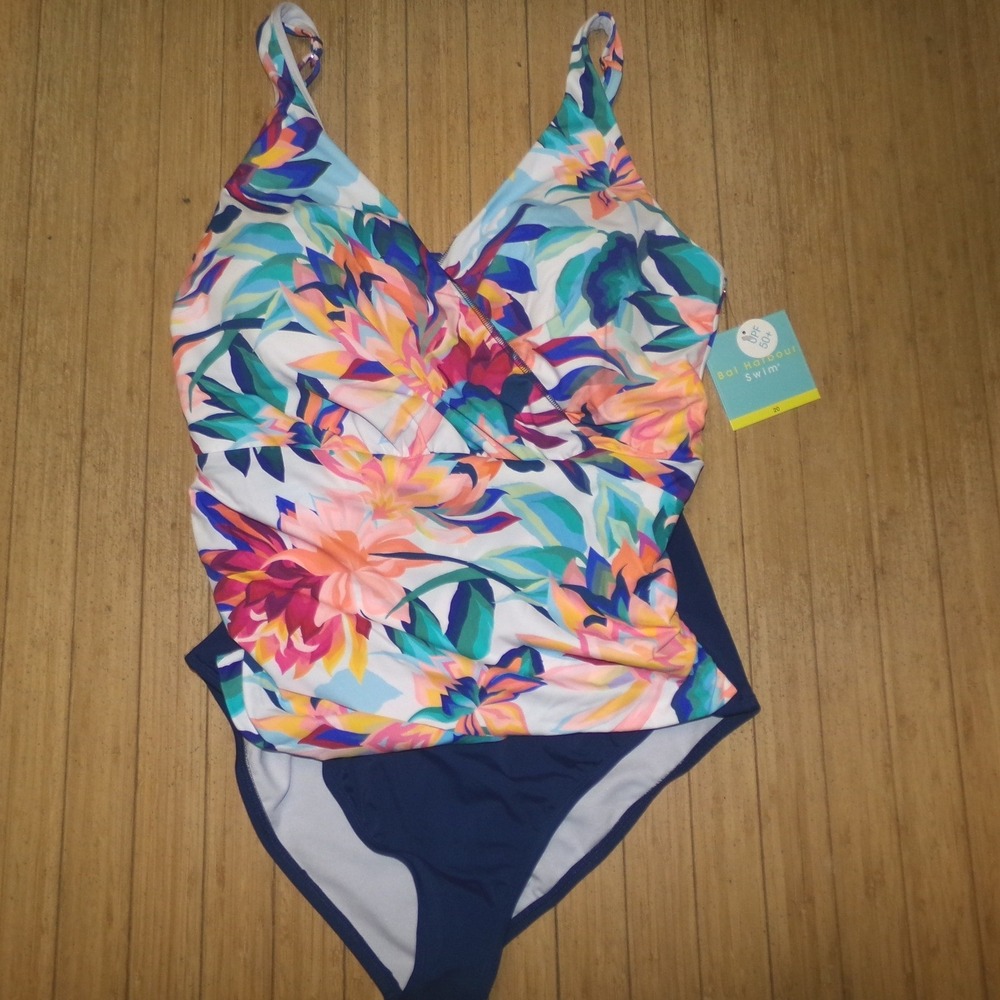 Bal Harbour Swim Womens Size 20 Tropical Floral One Piece Swimsuit Navy